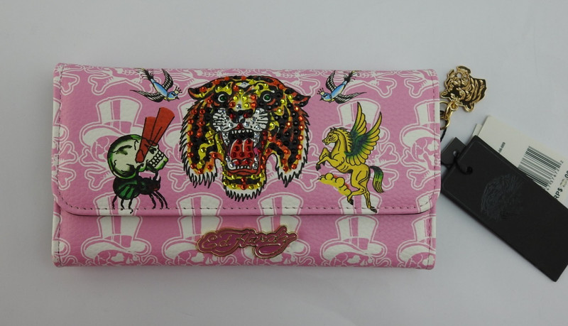New Ed Hardy Pink Skull Tiger Rhinestone Wallet Checkbook Clutch Y2K NWT