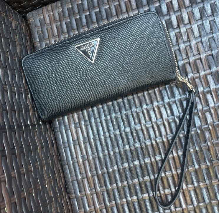 GUESS Women’s Black Zip-Around Wristlet Wallet w/ Wrist Strap Logo Credit Card
