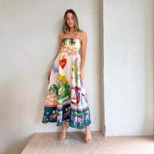 Women’s Girl’s Alemais Floral New Square Neck Halter Mid-length Dress Ladies