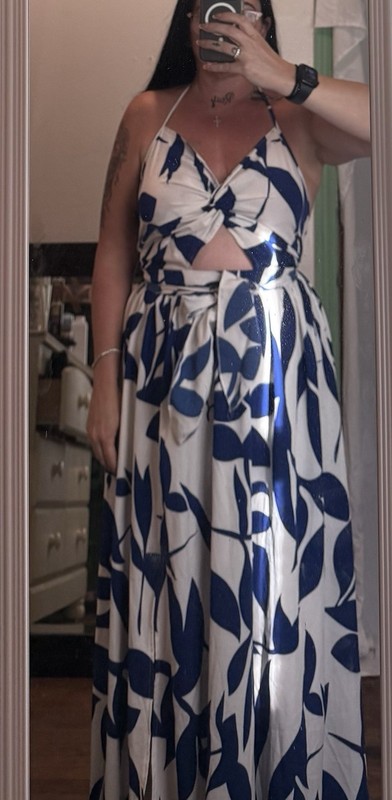 Women’s Floral Halter Backless Cutout Maxi Dress XL white Blue Tie Closure