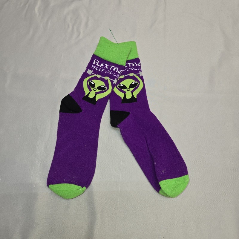Two Left Feet Alien Crew Socks Purple Neon Medium Nwot