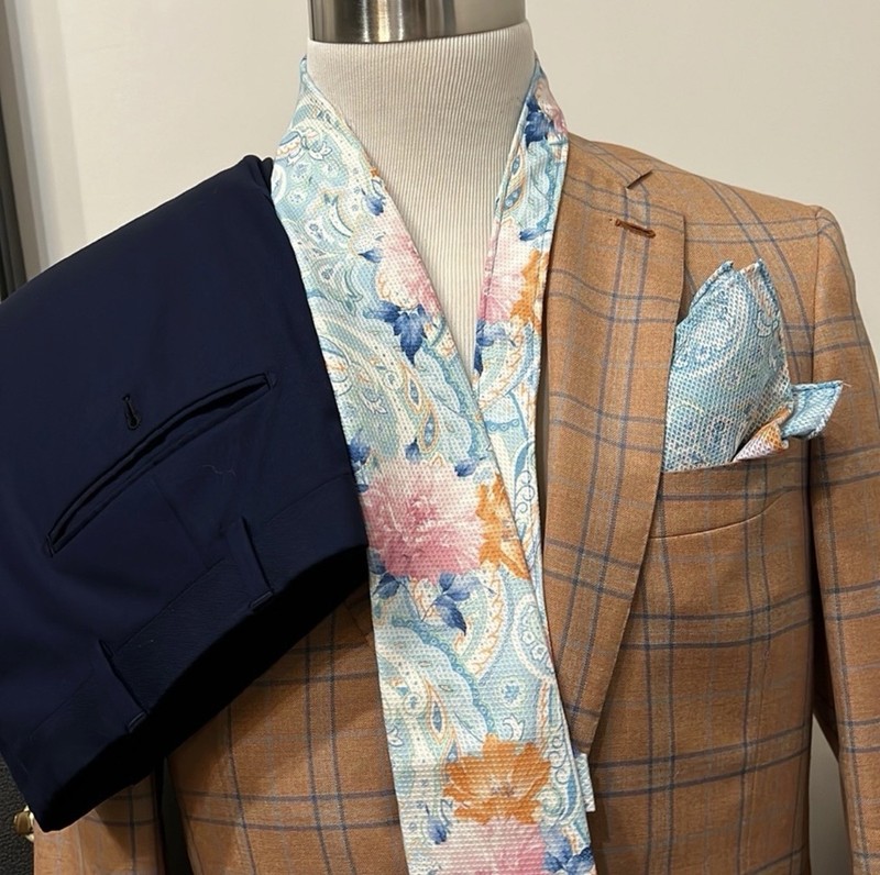 ISAIA Men’s Orange/Blue Plaid Wool Silk Blazer Lined Notch Button Size 40R