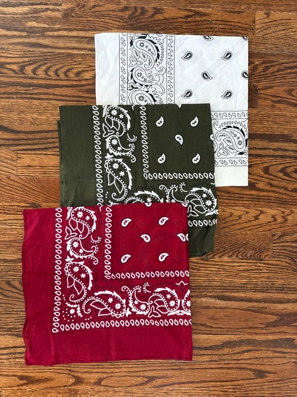 Set of 3 Cotton, Paisley Bandanas – White, Red, Green 26in x 26in