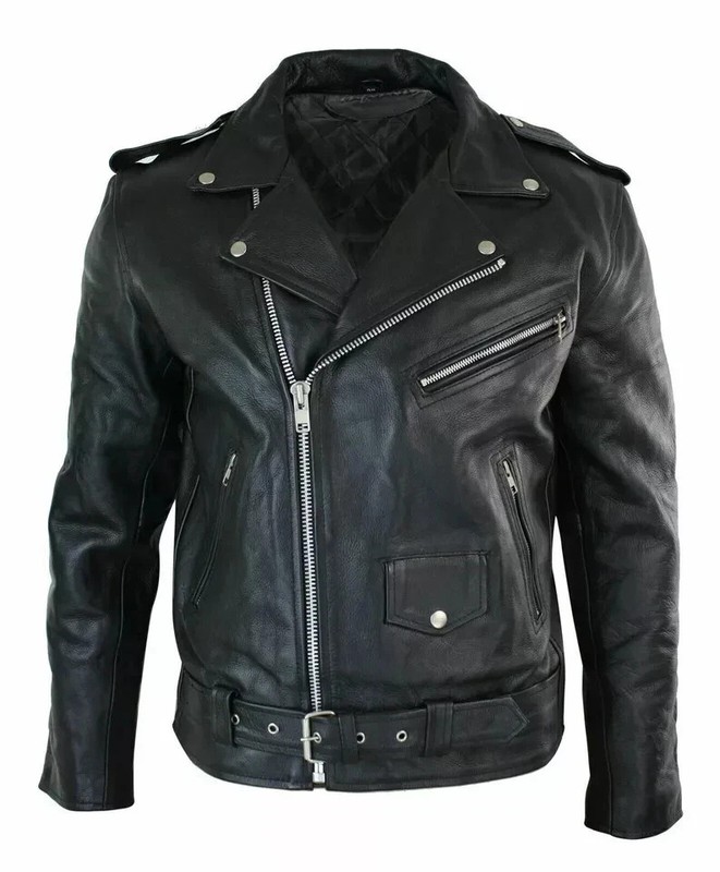 Men's Motorcycle Leather jacket Genuine Buffalo Skin Brando Style BlackBiker New gallery
