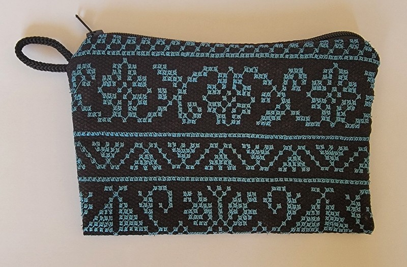 Embroidered Zip Pouch Cosmetic Bag Traditional Pattern Red or Blue Black Zipper