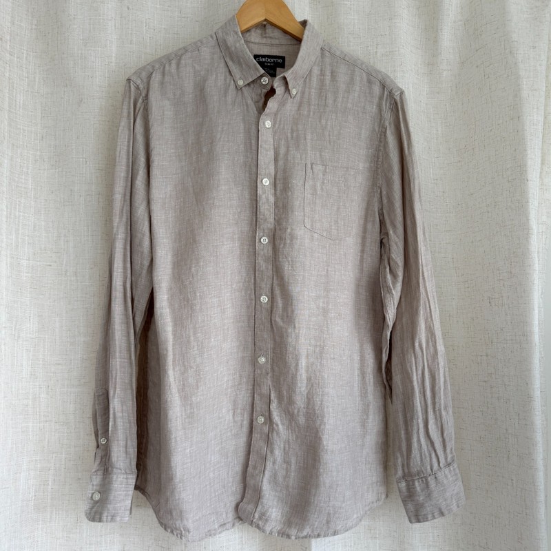 Vintage Claiborne 100% Linen Shirt Mens Large Beige Slim Fit Button Down Coastal