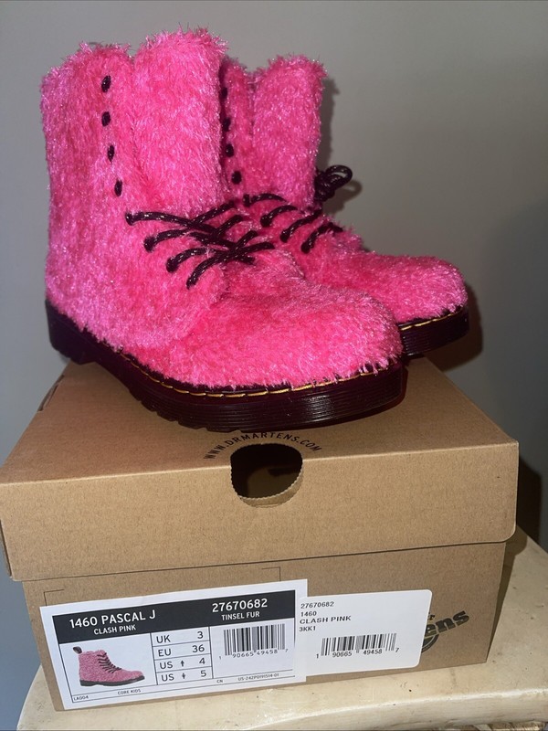 DR. MARTENS 1460 Pascal J Tinsel Fur Boots Kid’s Size 5 Clash Pink New