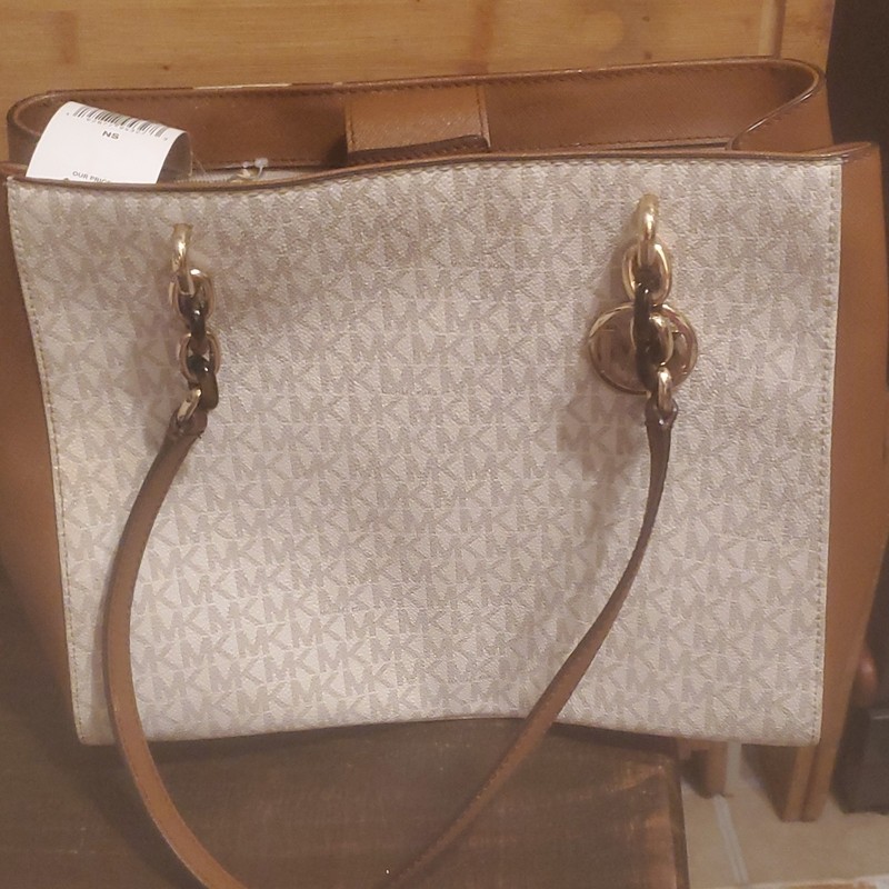 Michael Kors Signature Logo Tote Bag Large Zip Lined Inner Pockets Brown Beige gallery
