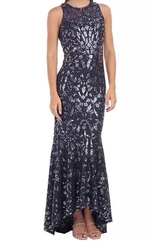 JS Sloane Halter Gown Floral Sequin Mesh Lined Fitted Stretch Navy Sz 4