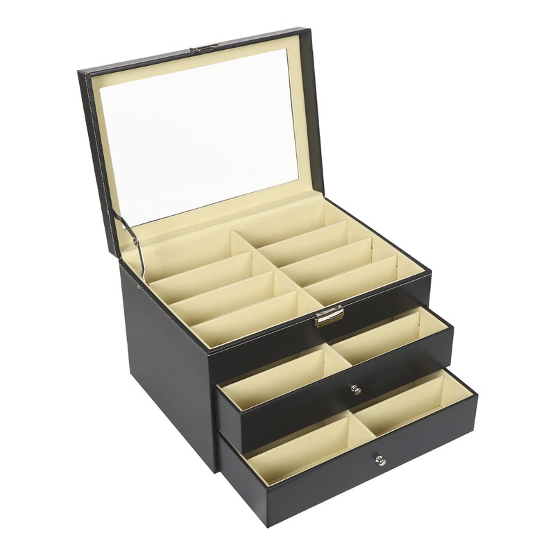 Sunglasses Storage Box 3 Layer 24 Slot Black Glasses Organizer Display Case MDF