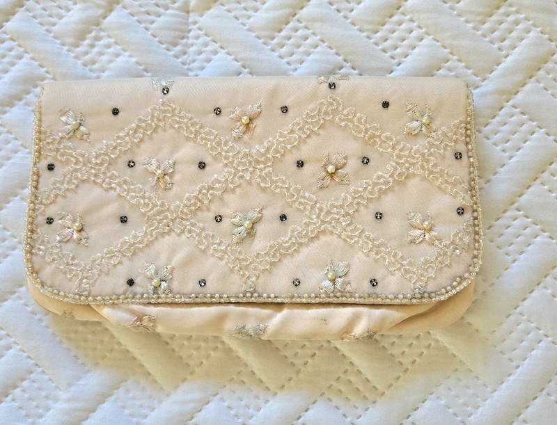 Magid Ivory Beaded Embroidered Butterfly Clutch Snap, Lined, Mirror Pocket