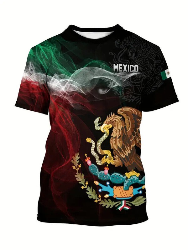 T-Shirt Mexican Aztec Eagle Snake Cactus Fashion Mexico Men’s Short Sleeve Black