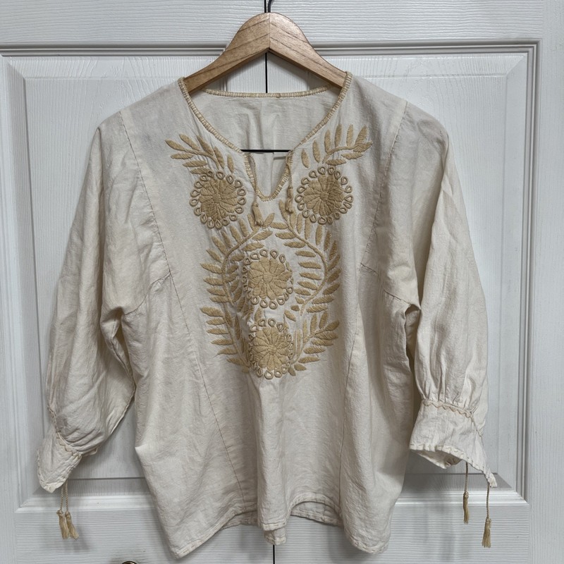 Vtg cotton linen muslin hand embroidered tourist blouse shirt top natural Sz M/L