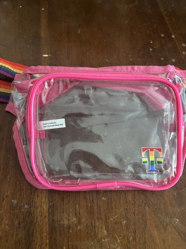 clear with pink trim and rainbow T fanny pack