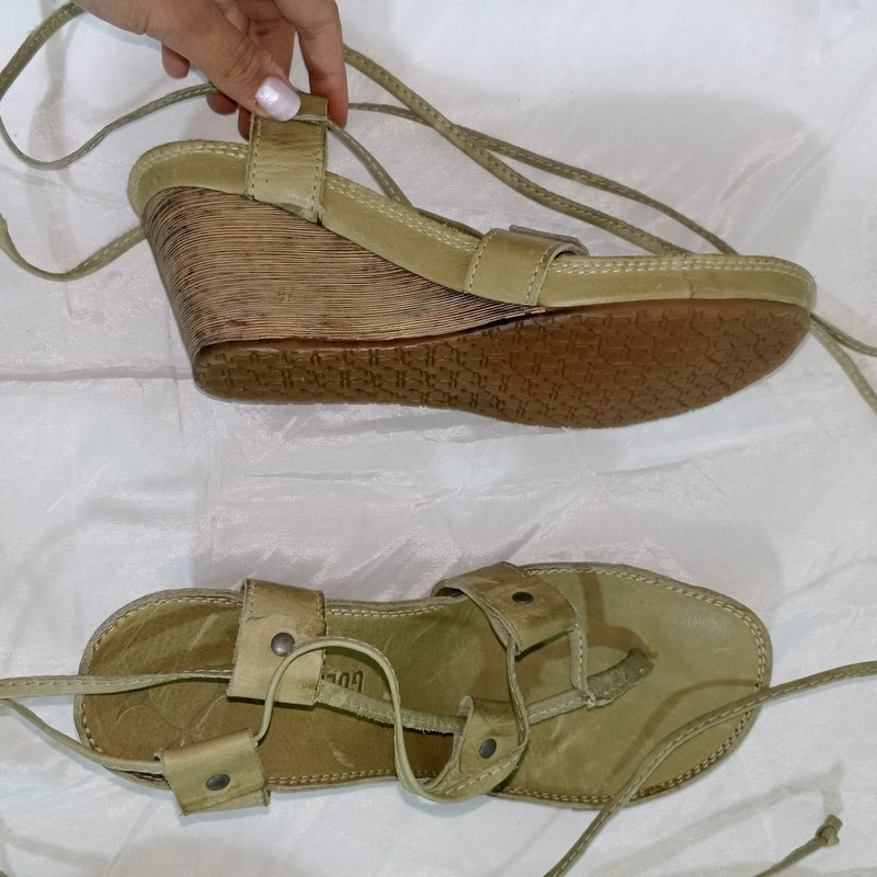 Goldmud Leather Lace Up Gladiator Wedge Sandals Boho Beige Olive Green EU 38