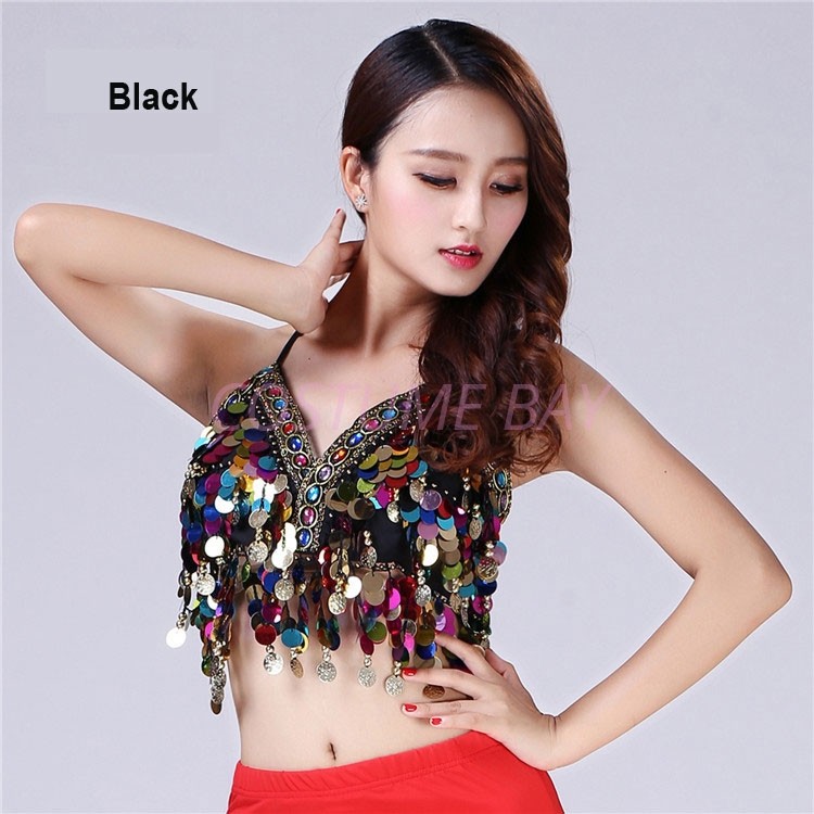 Halter Neck Latin Padded Belly Dance Bra Top Beaded Sequin Fringe Party Costume