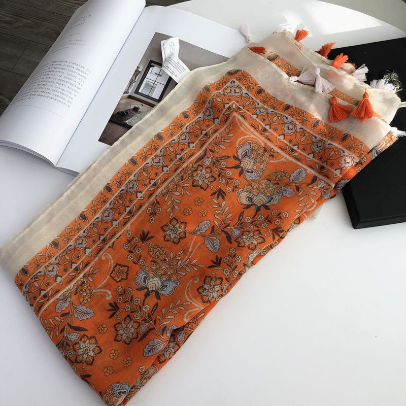 Orange Floral Cotton Linen Scarf for Women Lightweight Tassel Shawl Spring Fall gallery