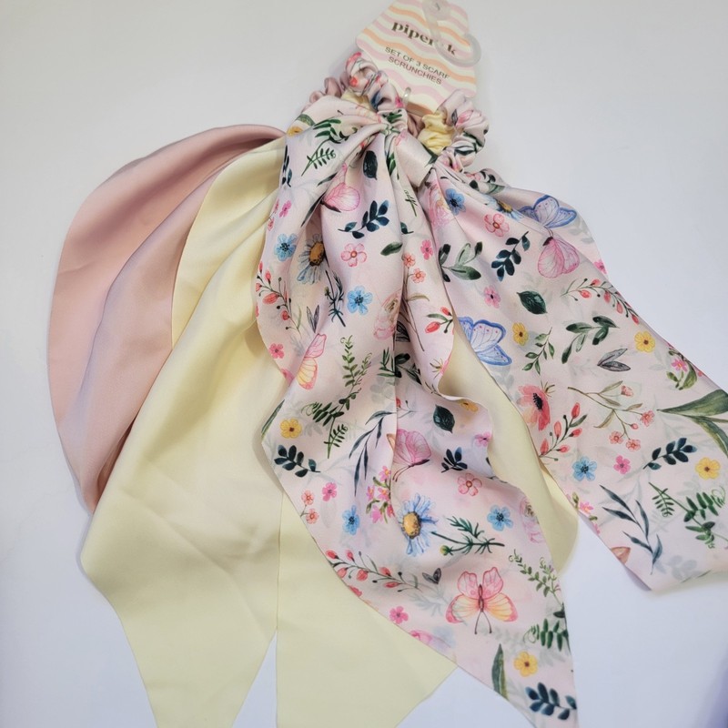 Piper K Butterfly Floral Scarf Scrunchies & Gingham Flat Hair Claw Clip 5 Set gallery