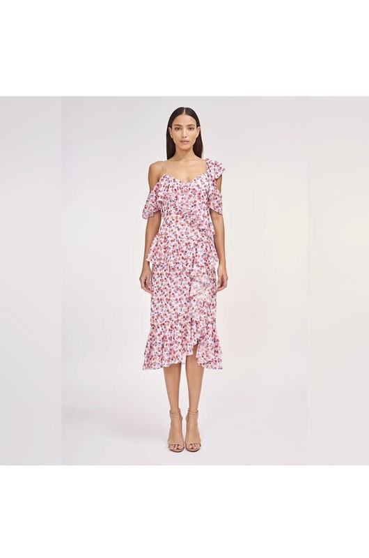 Amur Dylan One-Shoulder Ruffle Floral Midi Dress White/Pink/Blue Size 4