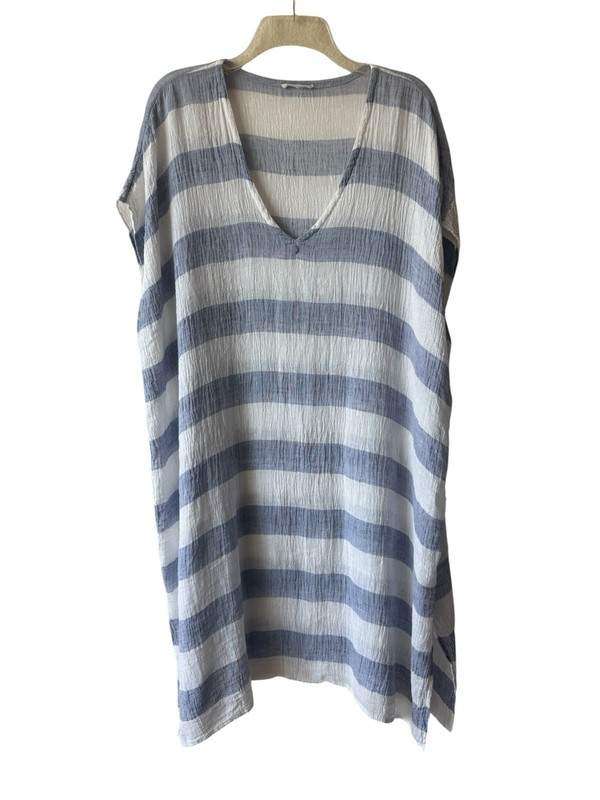 EILEEN FISHER Organic Linen Gauze Kaftan Dress Top Stripe Blue Beach Coverup