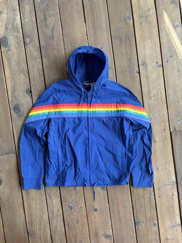 Vintage 1980s OP Ocean Pacific Rainbow Stripe Windbreaker Hooded Jacket Medium