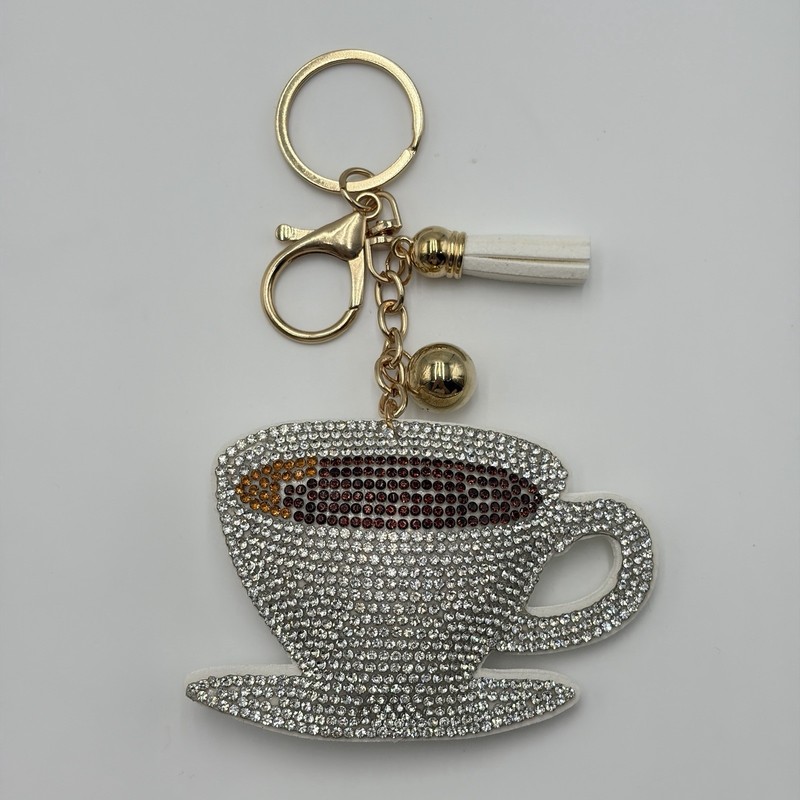 Coffee Cup Rhinestone Bag Charm Crystal Keychain Purse Charm Sparkly Tassel