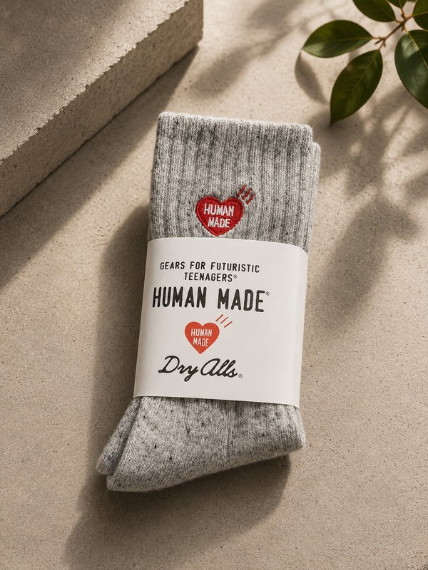 HUMAN MADE Crew Socks Gray Ribbed Knit Cotton Heart Logo 1 Pair Size L gallery