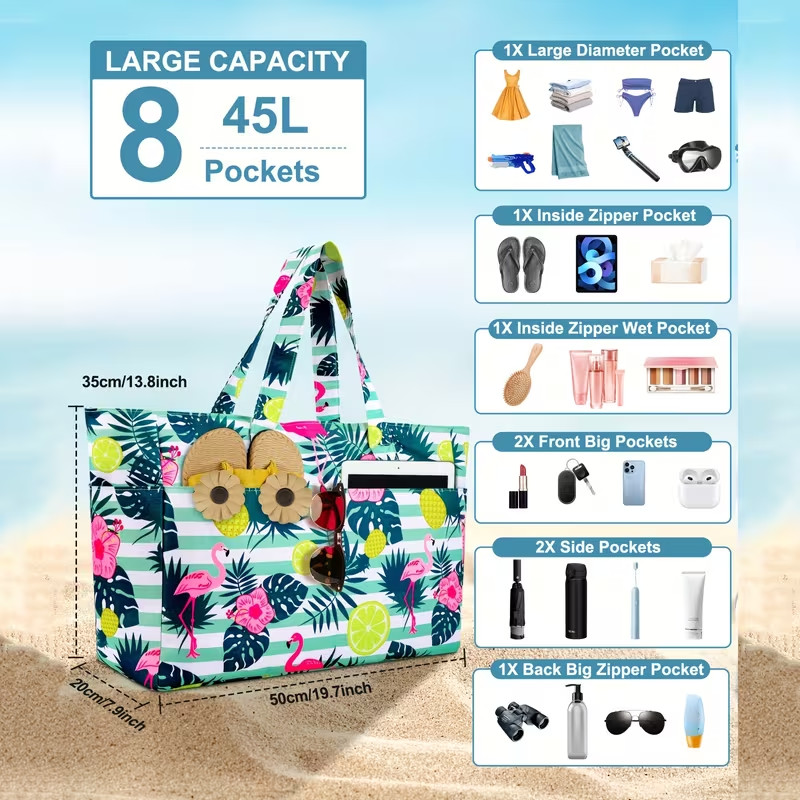 Oversized, Beach Tote Bag Large, Zipper Travel Shoulder Bag, Foldable Pool Tote gallery
