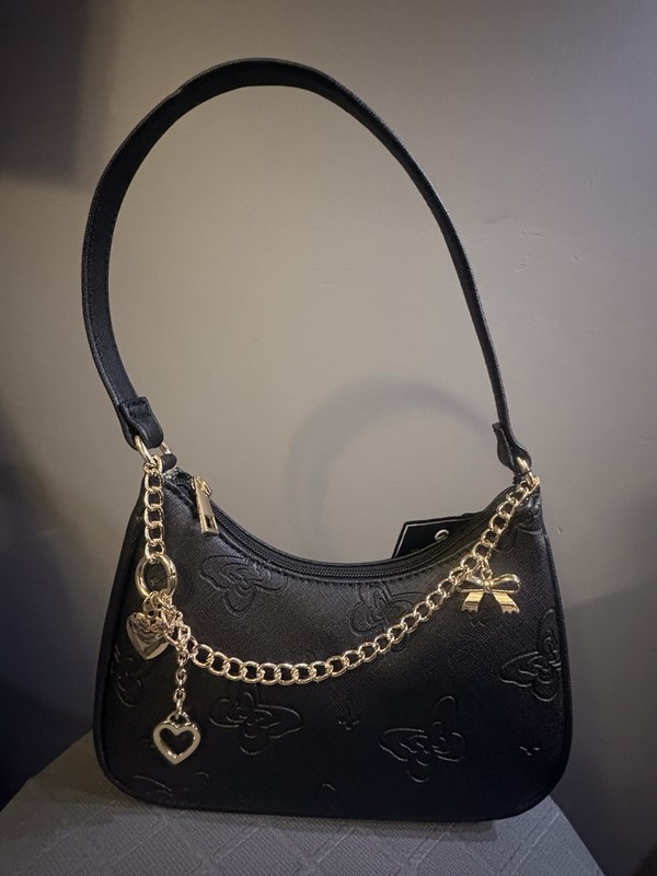 Black Crescent Shoulder Bag Embossed Logo Zip Gold Chain Strap Heart Charm