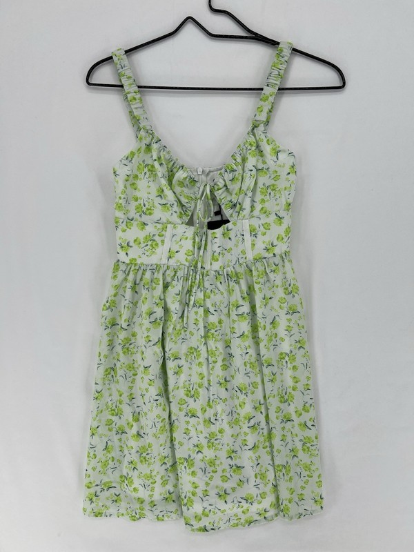Thats So Fetch Floral Feminine Mini Dress Green White Tie Front Cutout Sz 4 NWT
