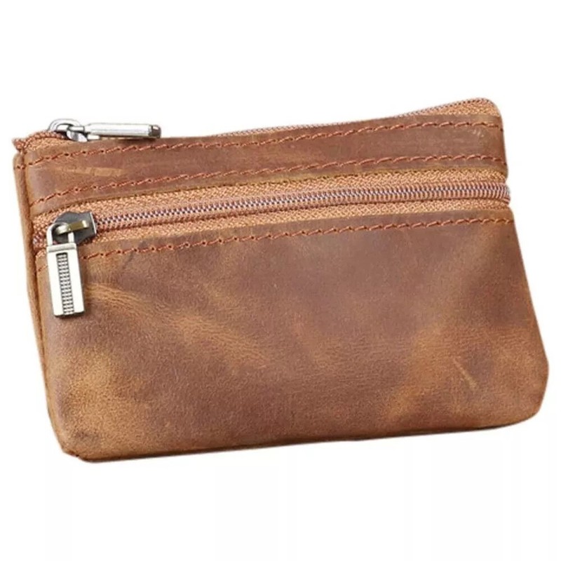 Brown Genuine Leather Small Coin Holder Change Purse Zipper Key Card Wallet