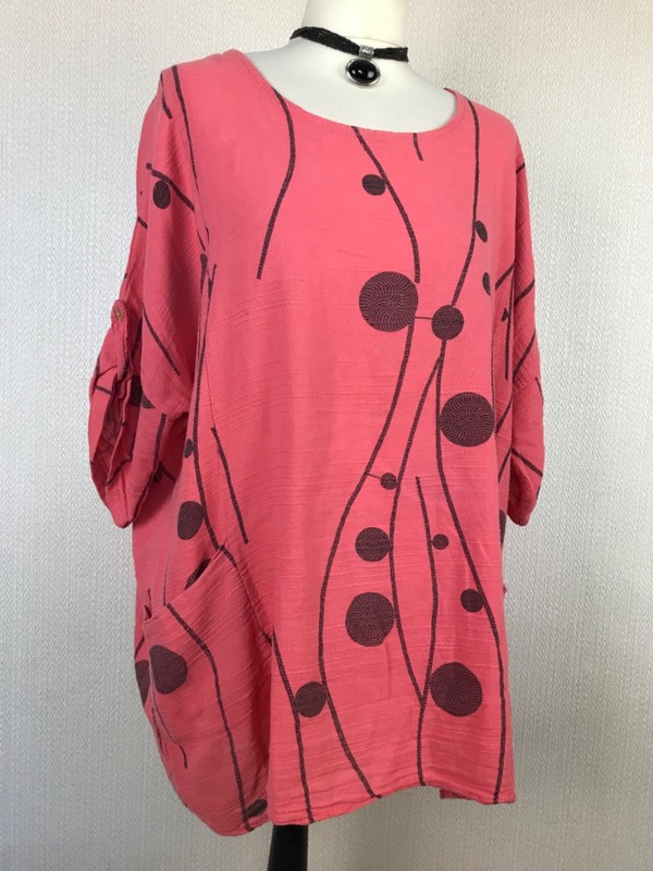 THREE STARS Lagenlook Blouse Box Top One Size Made In Italy Pink Polka Spotted