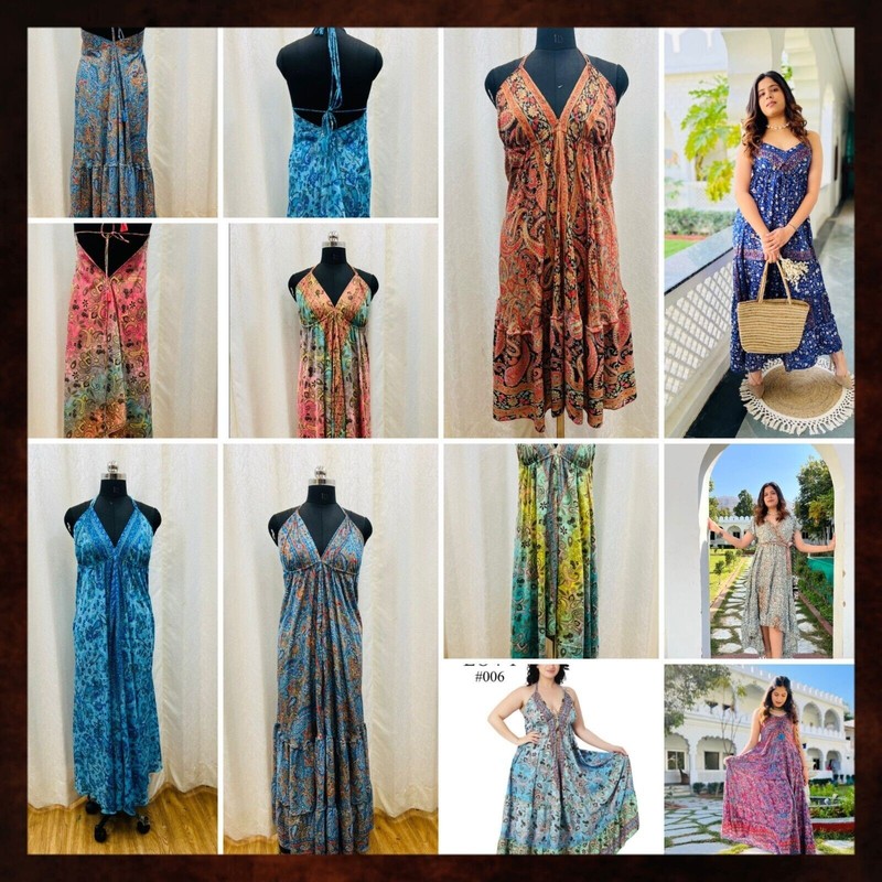 wholesale 20 PC Indian Vintage Recycle Sari Silk Maxi Beach Boho Gypsy Sundress