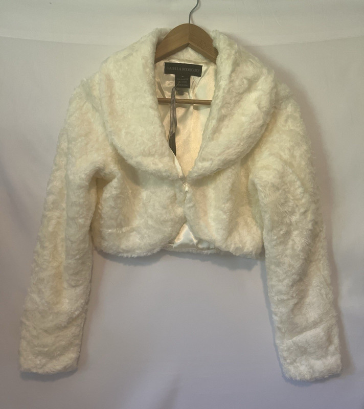 Isabella Rodriguez Ivory Faux Fur Bolero Cropped Jacket Sz M Shrug Glam Bridal