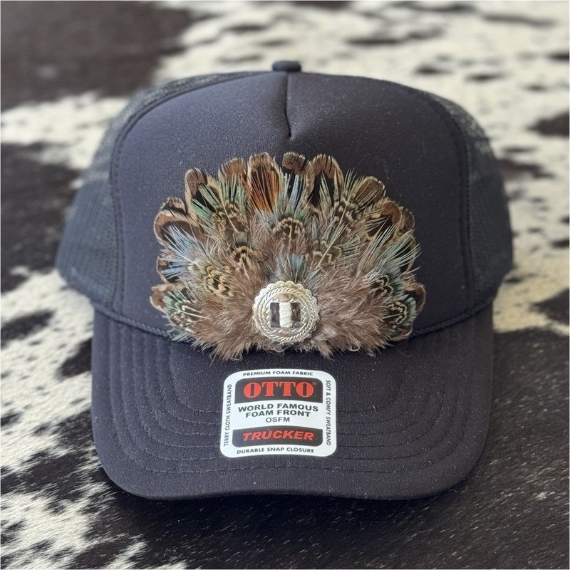 Otto Black Trucker Hat Mesh Back Adjustable Feather Patch Cap One Size