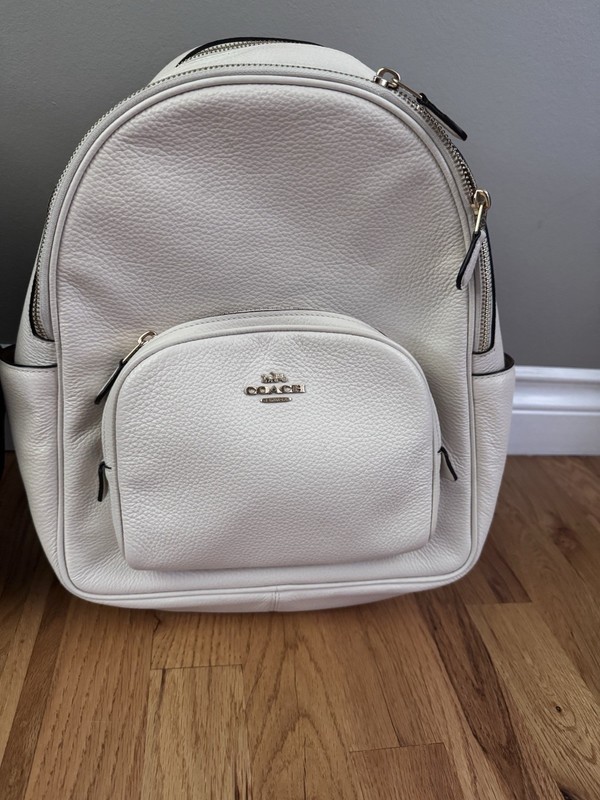 Coach White Pebbled Zip Backpack w/ Front Pocket, Adjustable & Detachable Strap