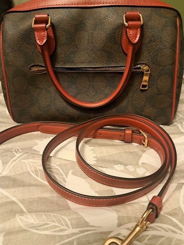 Coach Signature Brown/Red Zip Satchel Top Handle Bag Detachable Strap Small