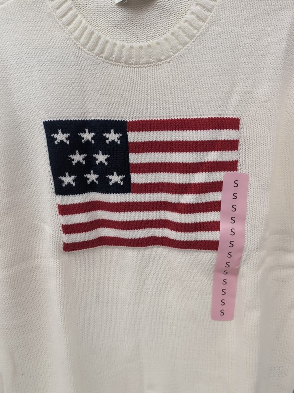 Wmns Mighty Fine Midweight Crew Neck Americana Sweater Cream Flag Sz SM gallery