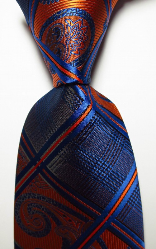 New Classic Paisley Dark Blue Orange JACQUARD WOVEN Silk Men’s Tie Necktie