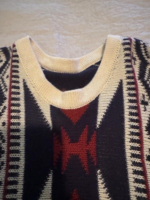 Free size Scoop Neck Geometric Knit poncho Sweater, Button Front Fringe Hem gallery