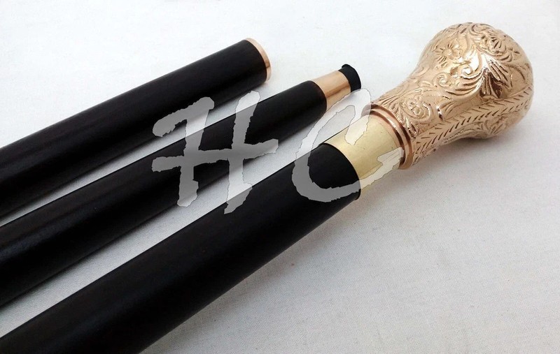 Victorian Vintage Antique Designer Brass Handle Wooden Walking Stick Cane Style