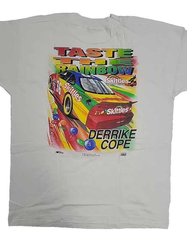 VTG NASCAR Skittles Taste The Rainbow Slogan T Shirt Derrike Cope USA Men's XL gallery