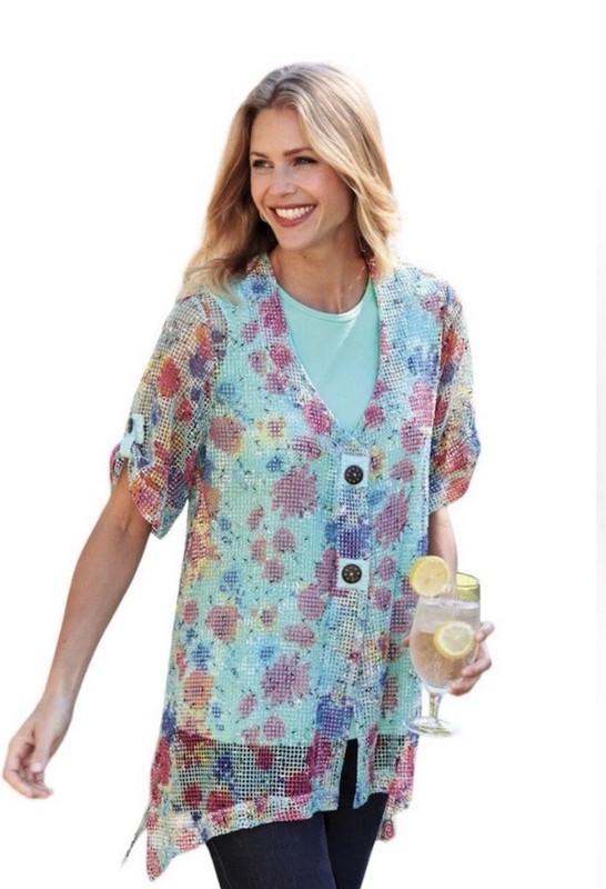 Blair Sheer Mesh Open Knit Top Button Asymmetric Boho Art Beach Size M Crochet