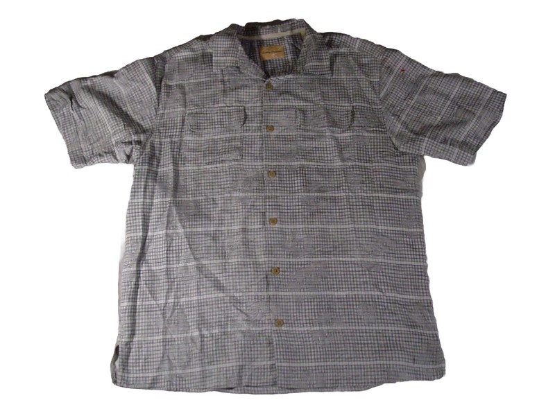 TOMMY BAHAMA 100% SILK SHIRT CHECK PLAID BROKEN STITCH PATTERN PALE GREEN/SILVER