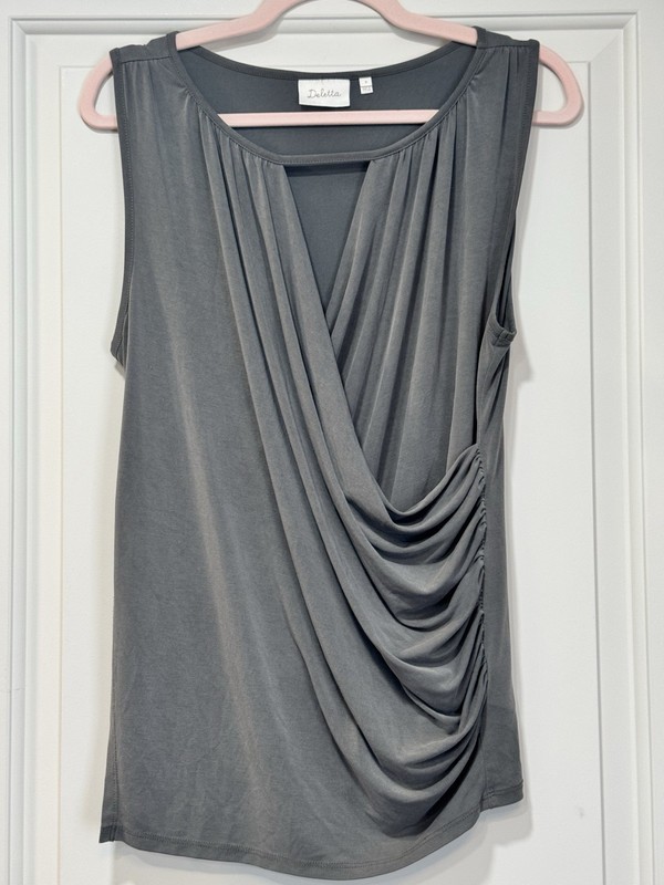 Anthropologie Deletta Ruched Wrap Blouse Womens M Gray Sleeveless Modal Blend gallery