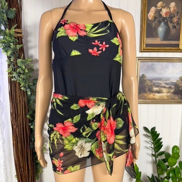 Cherokee Tropical Floral One-Piece Swimsuit with Sheer Sarong Cover-Up Size 14