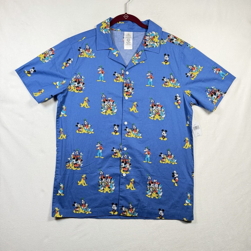 Disney Parks Character Print Camp Shirt Mens Medium Blue Button Front NWT