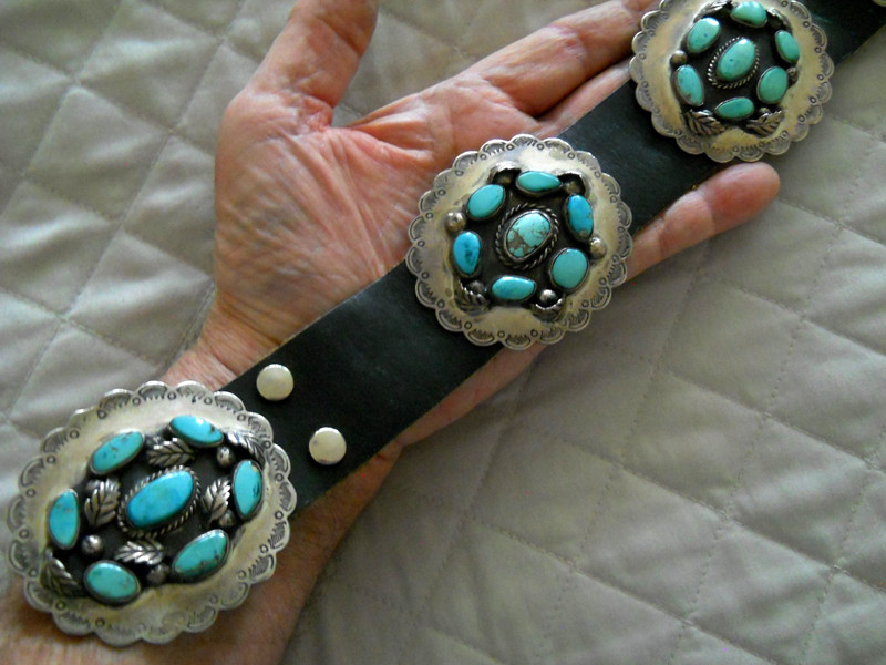 Native American Navajo Turquoise Cluster Sterli Silver 9- 2.8″ Conchos Belt 576g