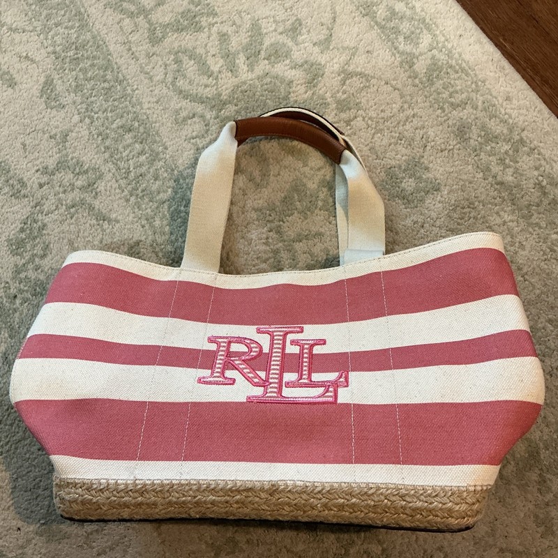 Lauren Ralph Lauren Pink/White Striped Tote Zip Closure Leather Top Handles