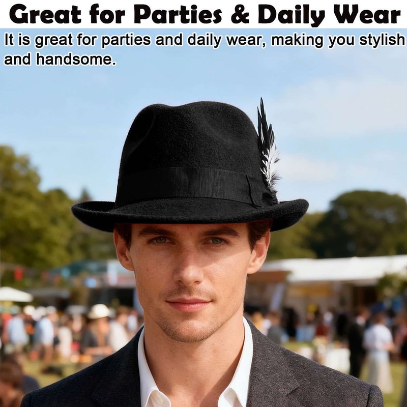 Classic Fedora Hats for Men Gentleman Short Brim Felt Feather Panama Dress Hat gallery